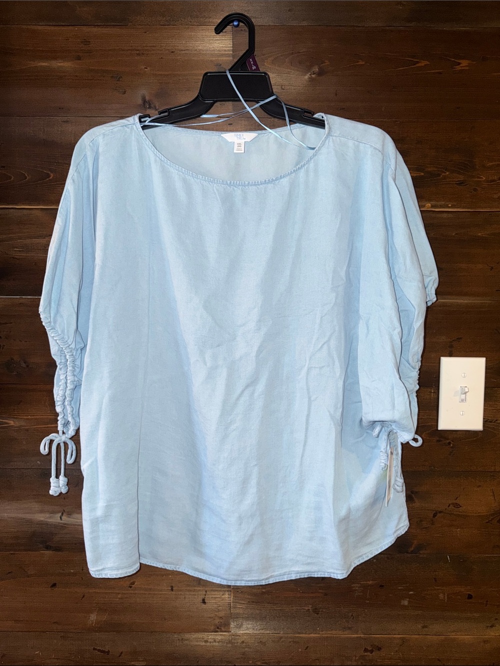 Time and Tru Light Blue Ruched Drawstring Sleeve Top